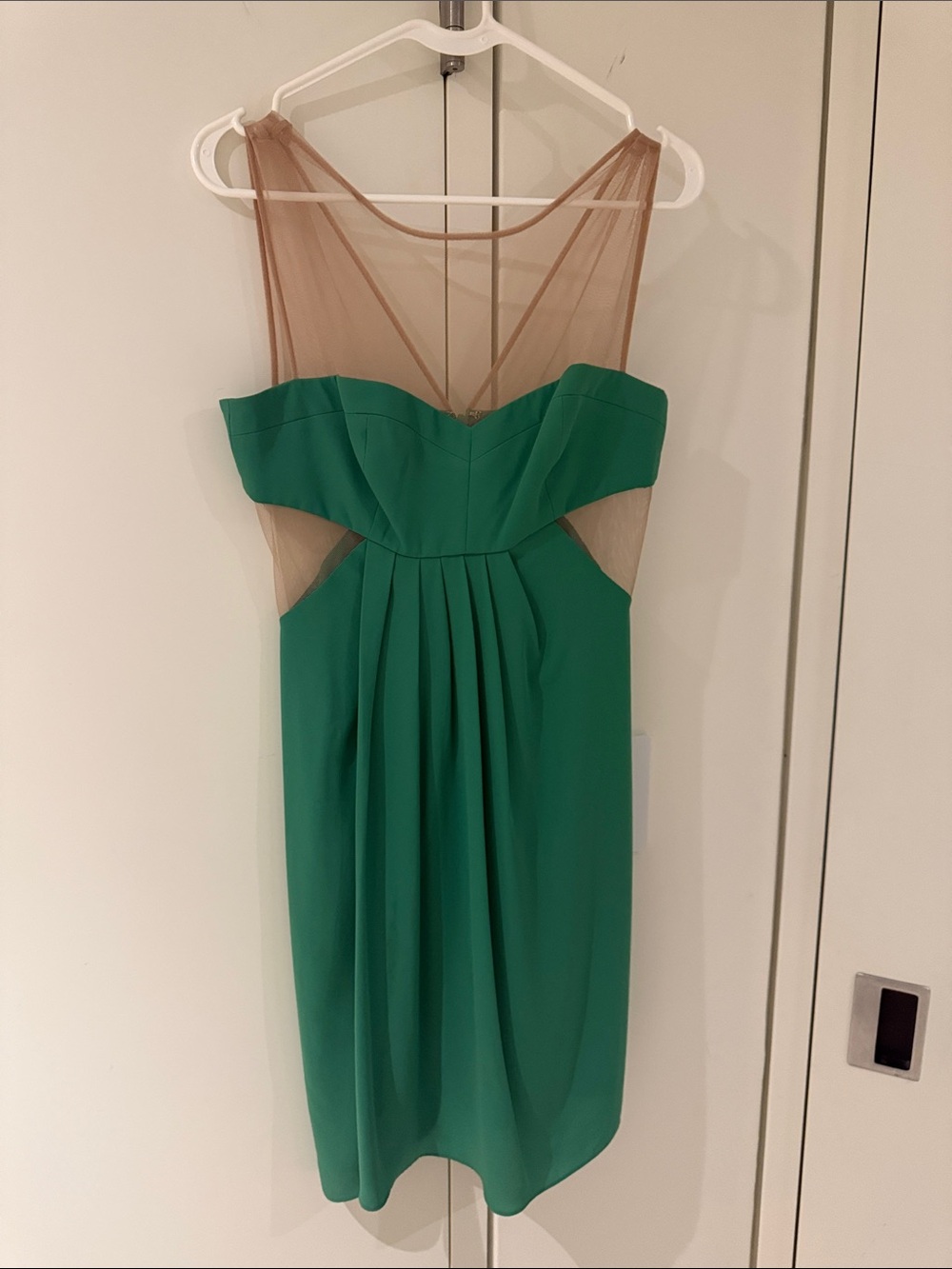 BCBG Emerald Green Midi Dress with Sheer Nude Insets